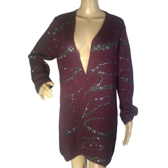 ALFANI  Long Sleeve Open Cardigan Sweater Jacket Berry Sequins  Size M New - Picture 2 of 7